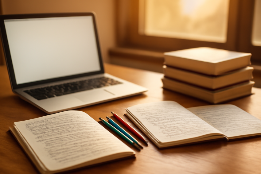 Meja belajar mahasiswa dengan buku catatan kuliah, pena, dan laptop