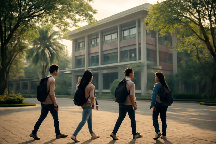 Mahasiswa berjalan di halaman kampus saat pagi hari