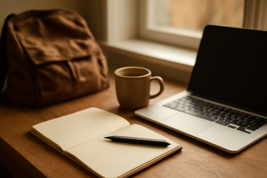 Meja belajar mahasiswa dengan laptop, buku catatan, dan kopi sebagai persiapan kuliah