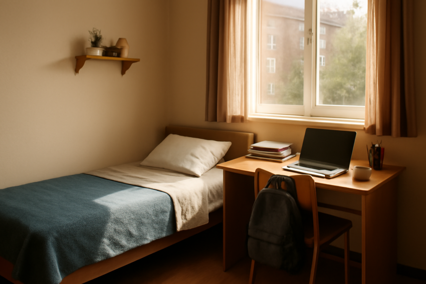 Kamar asrama mahasiswa dengan meja belajar dan tempat tidur yang rapi